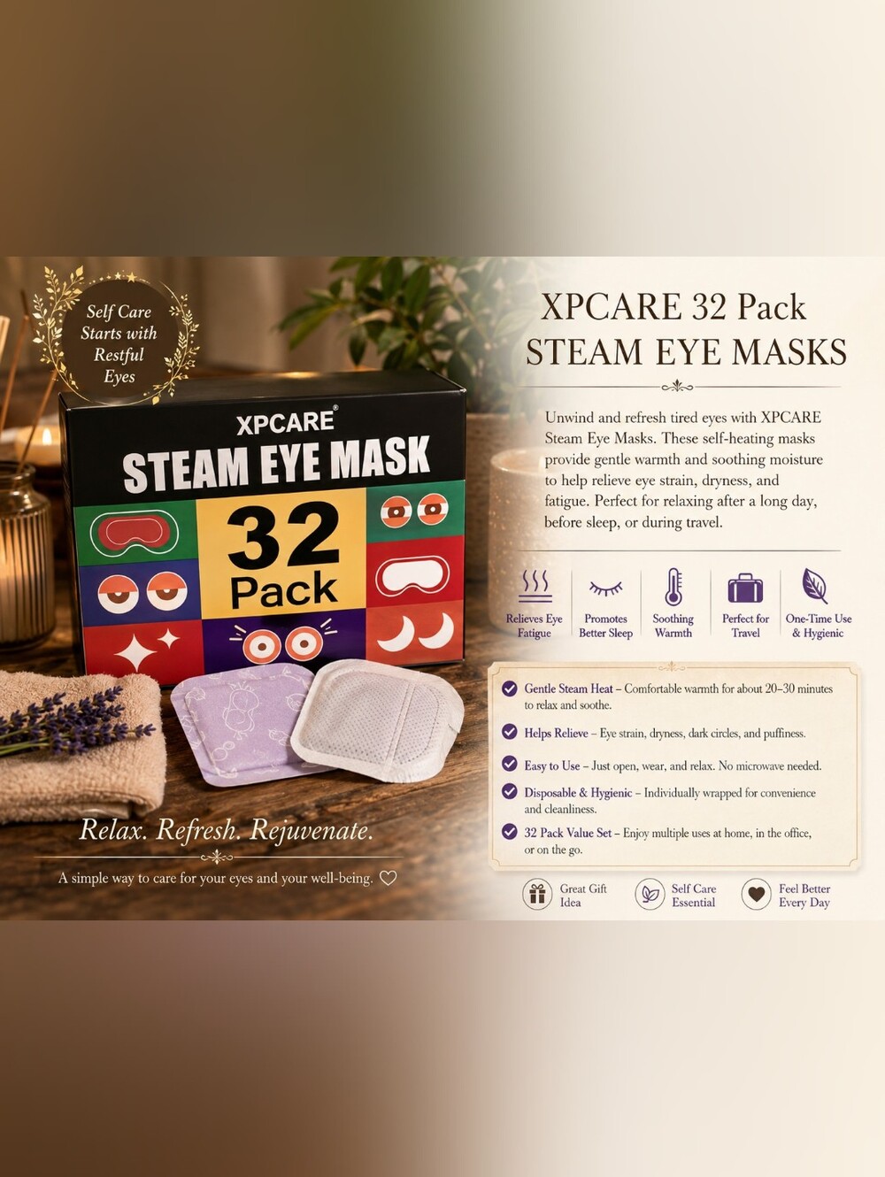 XPCARE Steam Eye Mask 32 Pack - Black Box with Multicolor Accents